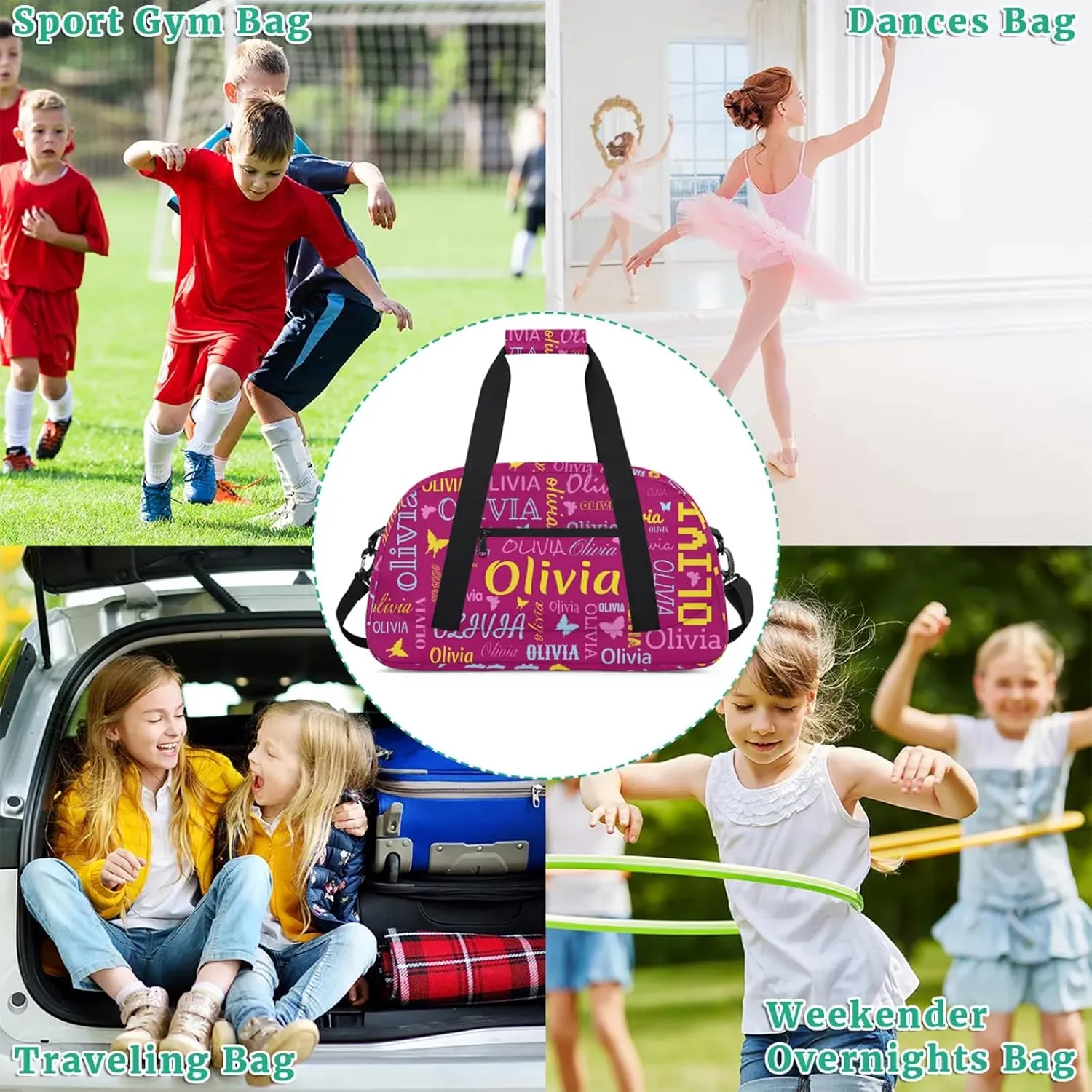 Personalized Butterfly Duffel Bag with Name Custom Travel Sports Bag for Women Men Waterproof Dance Ballet Bag Lightweight 18.9in, Berry
