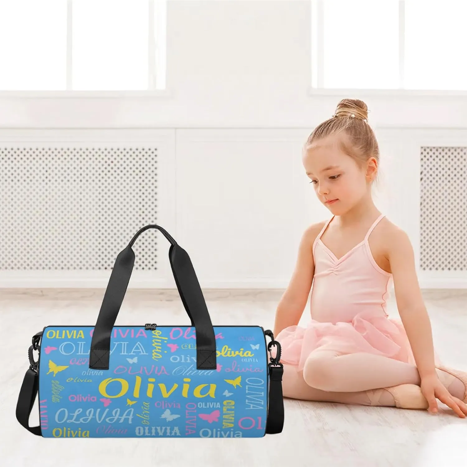 Personalized Butterfly Duffel Bag with Name Round Custom Travel Sports Bag for Women Men Waterproof Dance Ballet Bag Lightweight 17.6in, Blue