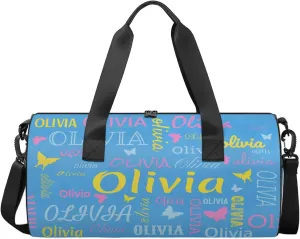 Personalized Butterfly Duffel Bag with Name Round Custom Travel Sports Bag for Women Men Waterproof Dance Ballet Bag Lightweight 17.6in, Blue