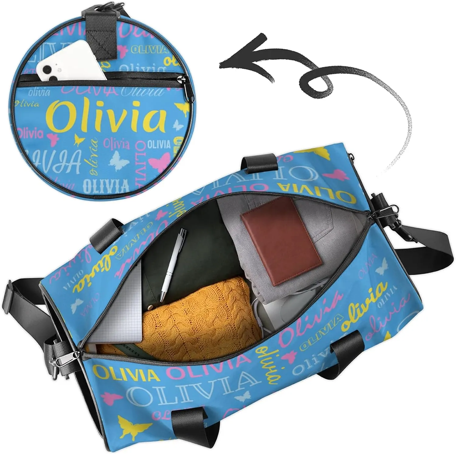 Personalized Butterfly Duffel Bag with Name Round Custom Travel Sports Bag for Women Men Waterproof Dance Ballet Bag Lightweight 17.6in, Blue