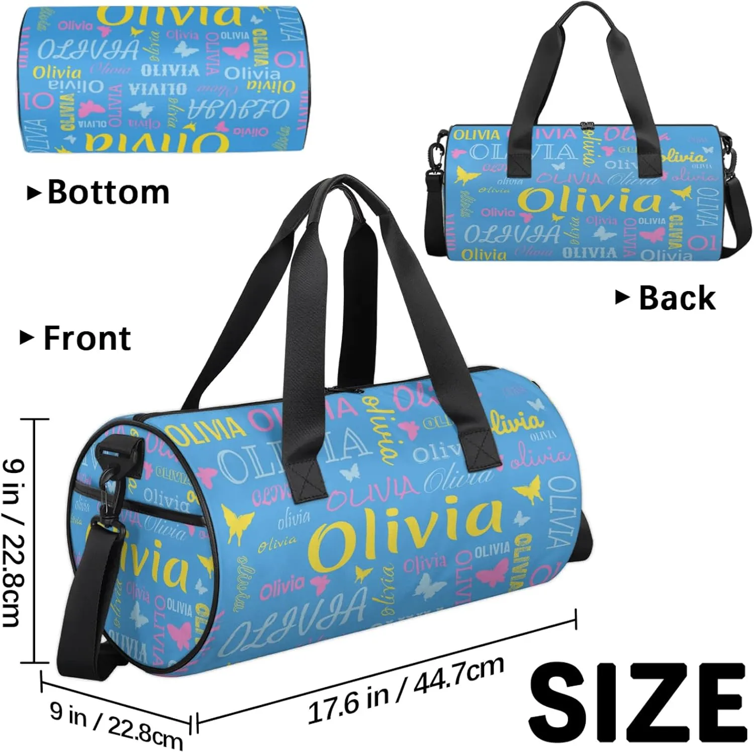 Personalized Butterfly Duffel Bag with Name Round Custom Travel Sports Bag for Women Men Waterproof Dance Ballet Bag Lightweight 17.6in, Blue