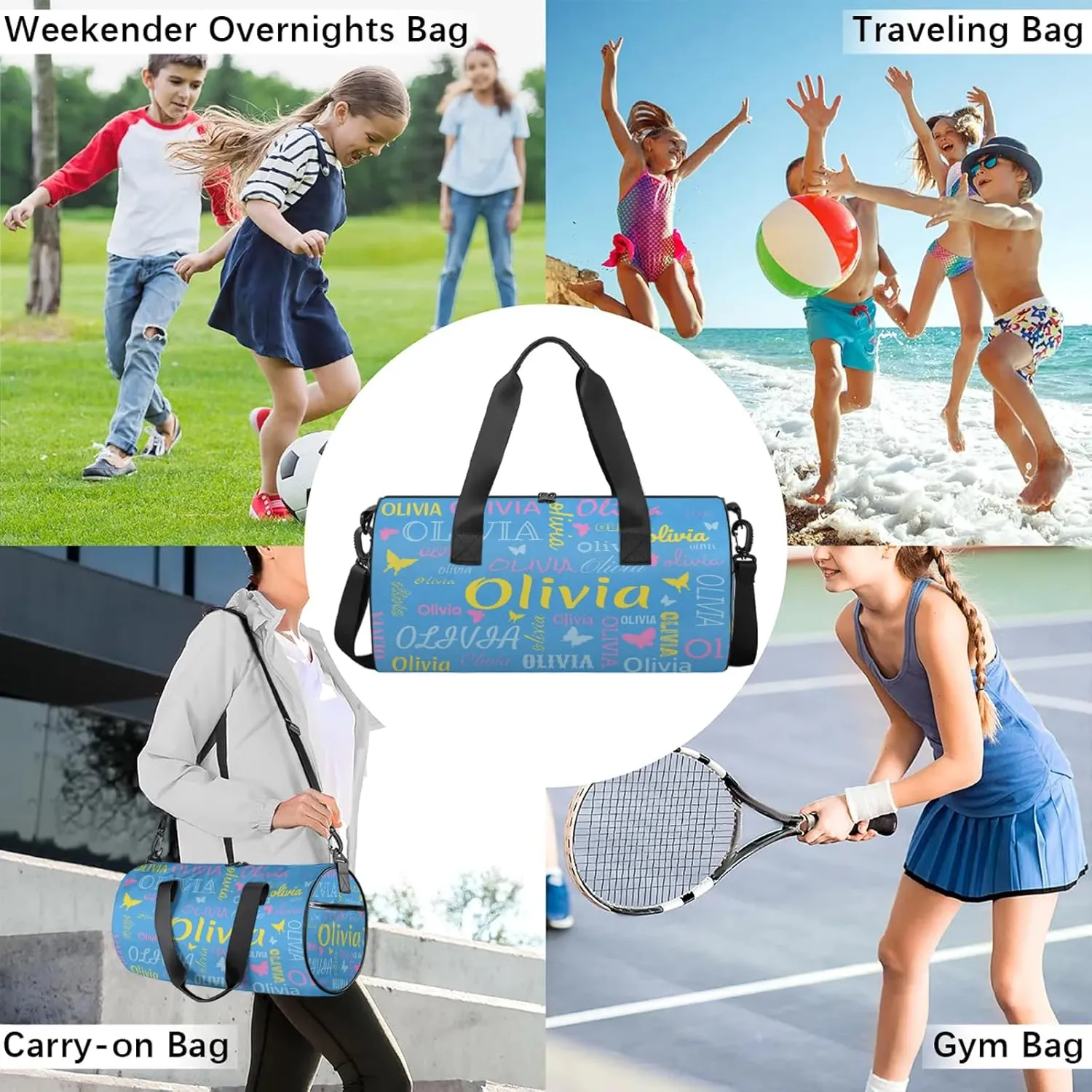 Personalized Butterfly Duffel Bag with Name Round Custom Travel Sports Bag for Women Men Waterproof Dance Ballet Bag Lightweight 17.6in, Blue