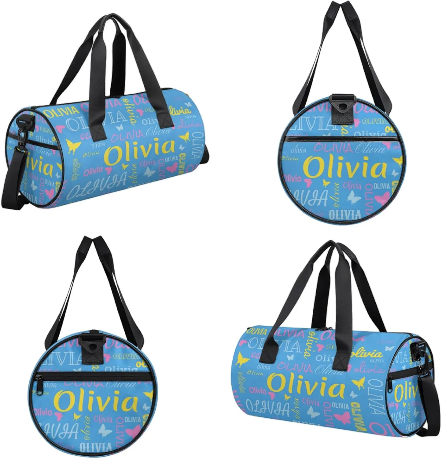Personalized Butterfly Duffel Bag with Name Round Custom Travel Sports Bag for Women Men Waterproof Dance Ballet Bag Lightweight 17.6in, Blue