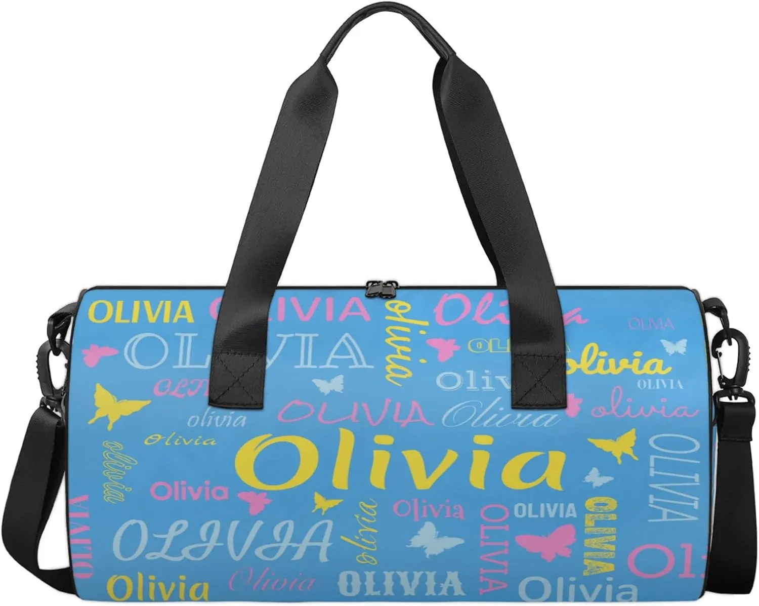 Personalized Butterfly Duffel Bag with Name Round Custom Travel Sports Bag for Women Men Waterproof Dance Ballet Bag Lightweight 17.6in, Blue