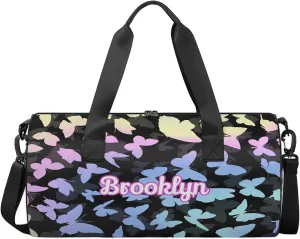 Personalized Butterfly Duffel Bag with Name Round Custom Travel Sports Bag for Women Men Waterproof Dance Ballet Bag Lightweight 17.6in, Colorful Blue