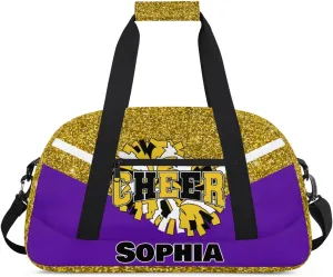 Personalized Cheer Bag Gym Bag Customized Cheerleader Sport Duffel Bag with Name, Overnight Weekender Bags for Birthday Cheerleading Gift, Glitter Gold Purple