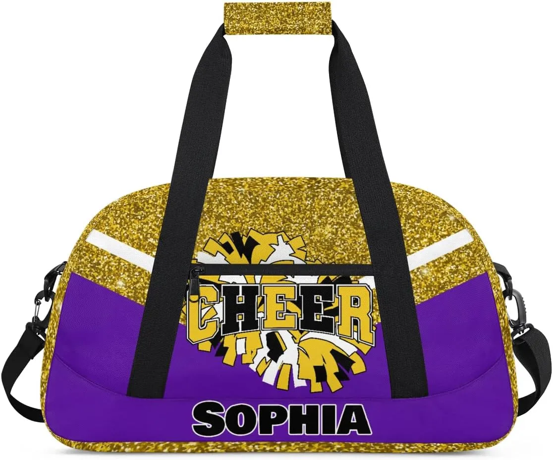 Personalized Cheer Bag Gym Bag Customized Cheerleader Sport Duffel Bag with Name, Overnight Weekender Bags for Birthday Cheerleading Gift, Glitter Gold Purple