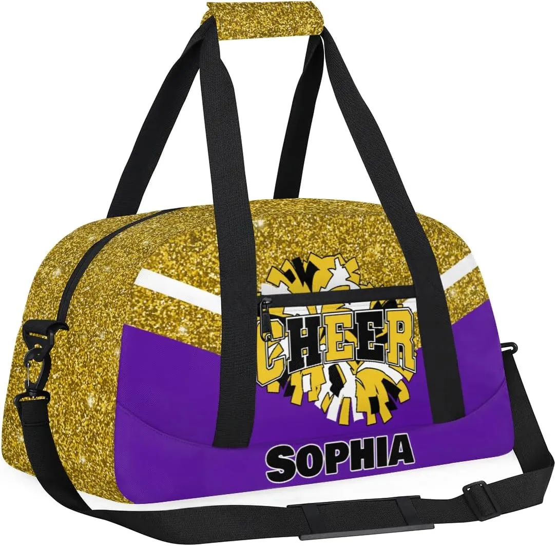 Personalized Cheer Bag Gym Bag Customized Cheerleader Sport Duffel Bag with Name, Overnight Weekender Bags for Birthday Cheerleading Gift, Glitter Gold Purple