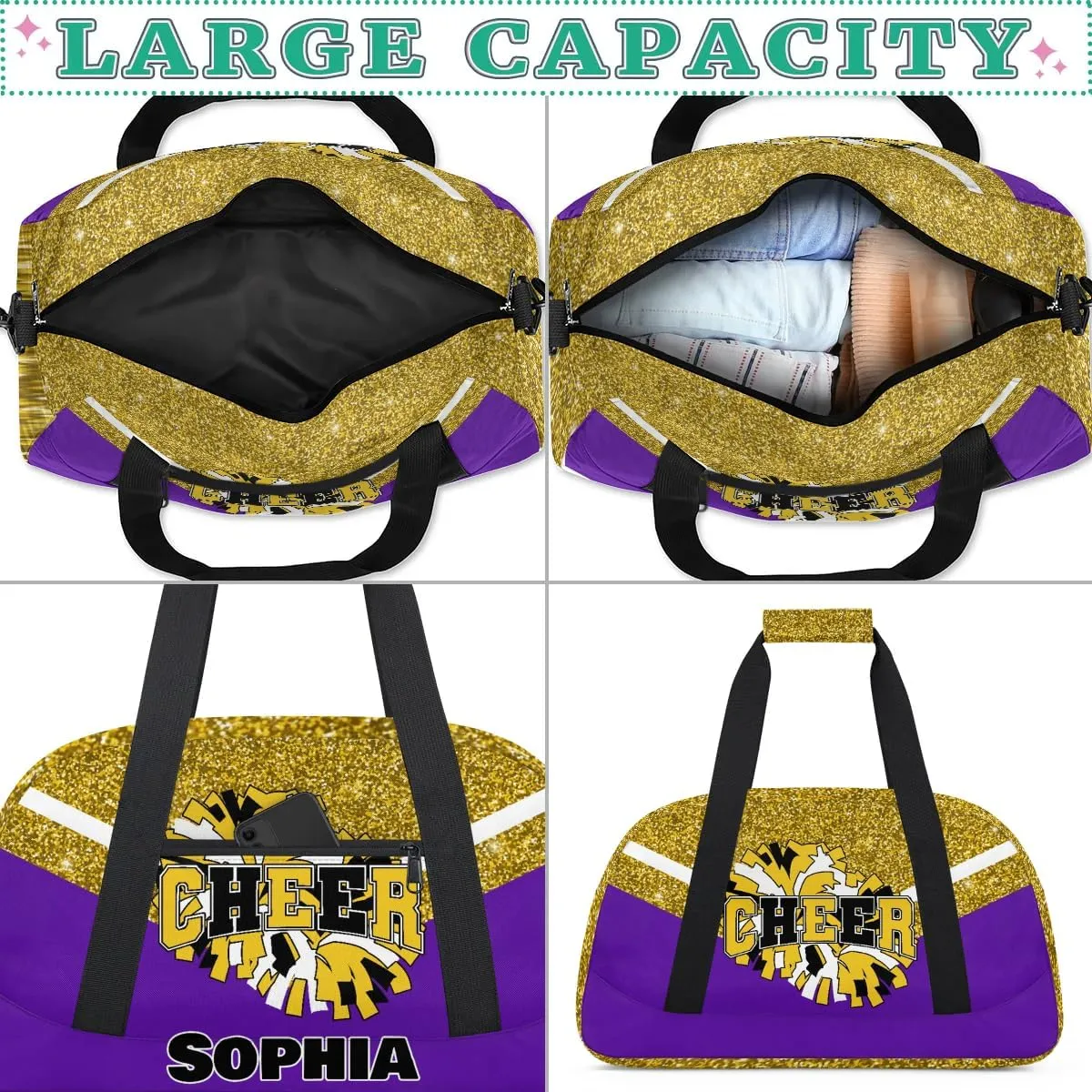 Personalized Cheer Bag Gym Bag Customized Cheerleader Sport Duffel Bag with Name, Overnight Weekender Bags for Birthday Cheerleading Gift, Glitter Gold Purple