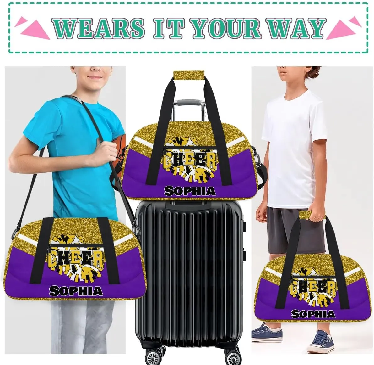 Personalized Cheer Bag Gym Bag Customized Cheerleader Sport Duffel Bag with Name, Overnight Weekender Bags for Birthday Cheerleading Gift, Glitter Gold Purple