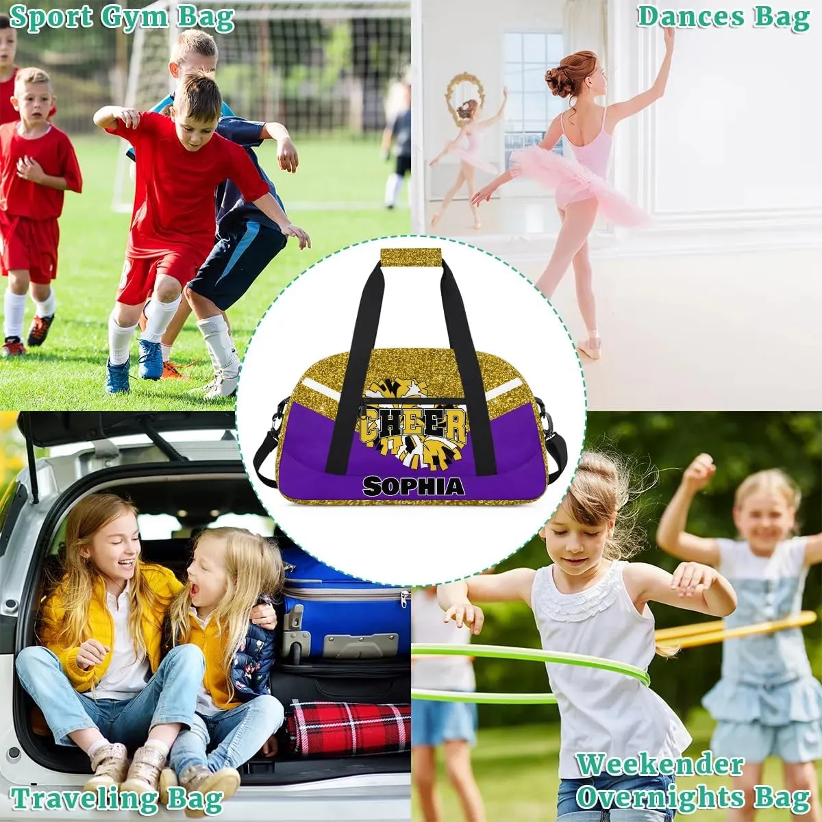 Personalized Cheer Bag Gym Bag Customized Cheerleader Sport Duffel Bag with Name, Overnight Weekender Bags for Birthday Cheerleading Gift, Glitter Gold Purple