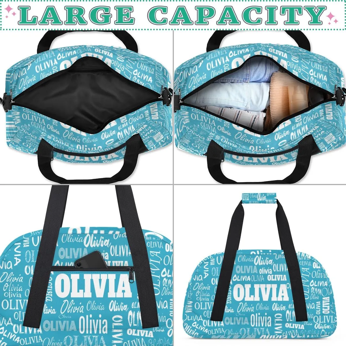 Personalized Cheer Bag Sport Duffel Bag, Cheerleader Customize Travel Duffle Bag with Name, Overnight Weekender Bags Perform Cheer Bag, Deep Sky Blue