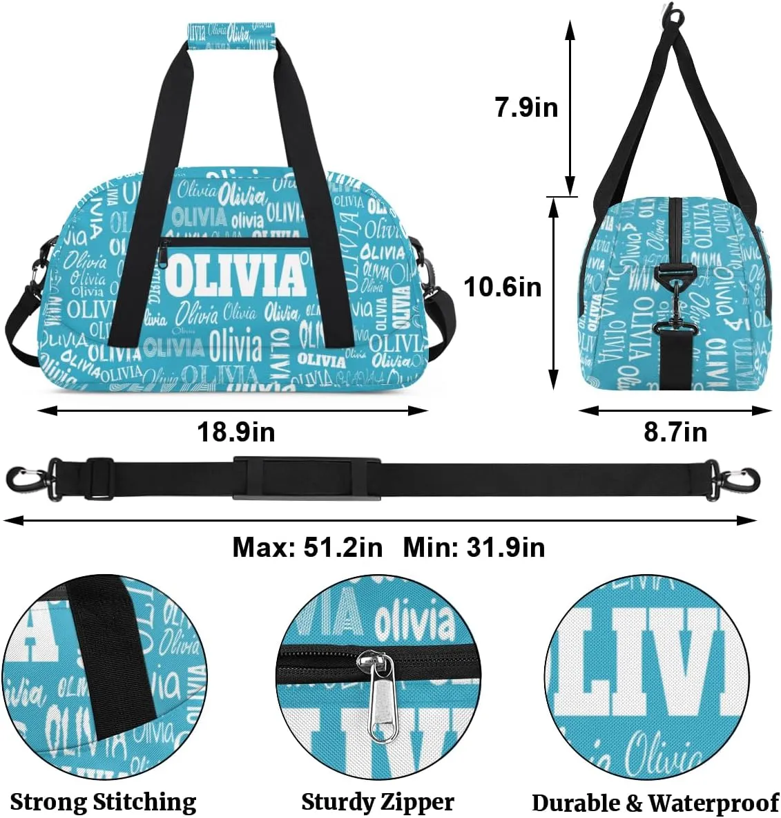 Personalized Cheer Bag Sport Duffel Bag, Cheerleader Customize Travel Duffle Bag with Name, Overnight Weekender Bags Perform Cheer Bag, Deep Sky Blue