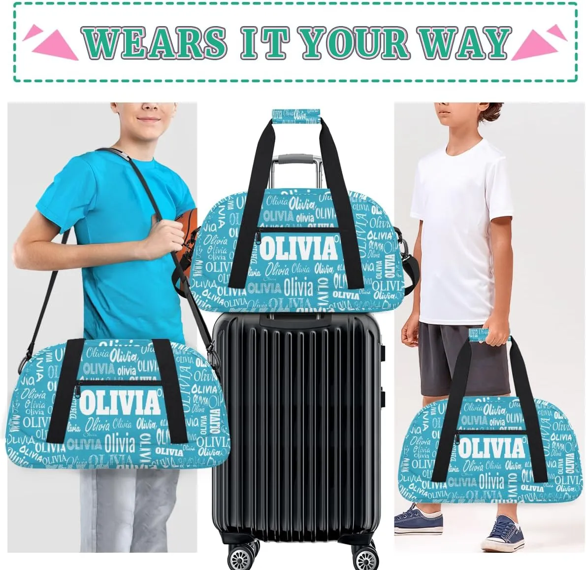 Personalized Cheer Bag Sport Duffel Bag, Cheerleader Customize Travel Duffle Bag with Name, Overnight Weekender Bags Perform Cheer Bag, Deep Sky Blue