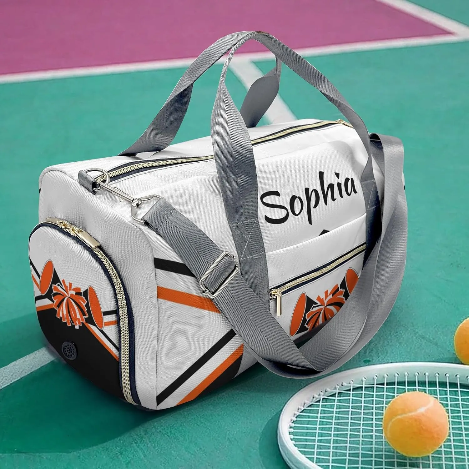 Personalized Cheer Black Orange Duffel Bag Travel Bag with Shoes Compartment Gym Yoga Sport Men Women Waterproof with Name