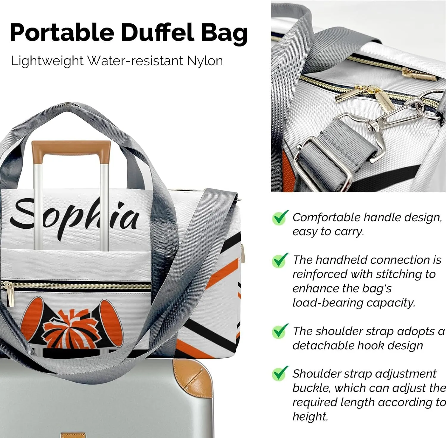 Personalized Cheer Black Orange Duffel Bag Travel Bag with Shoes Compartment Gym Yoga Sport Men Women Waterproof with Name
