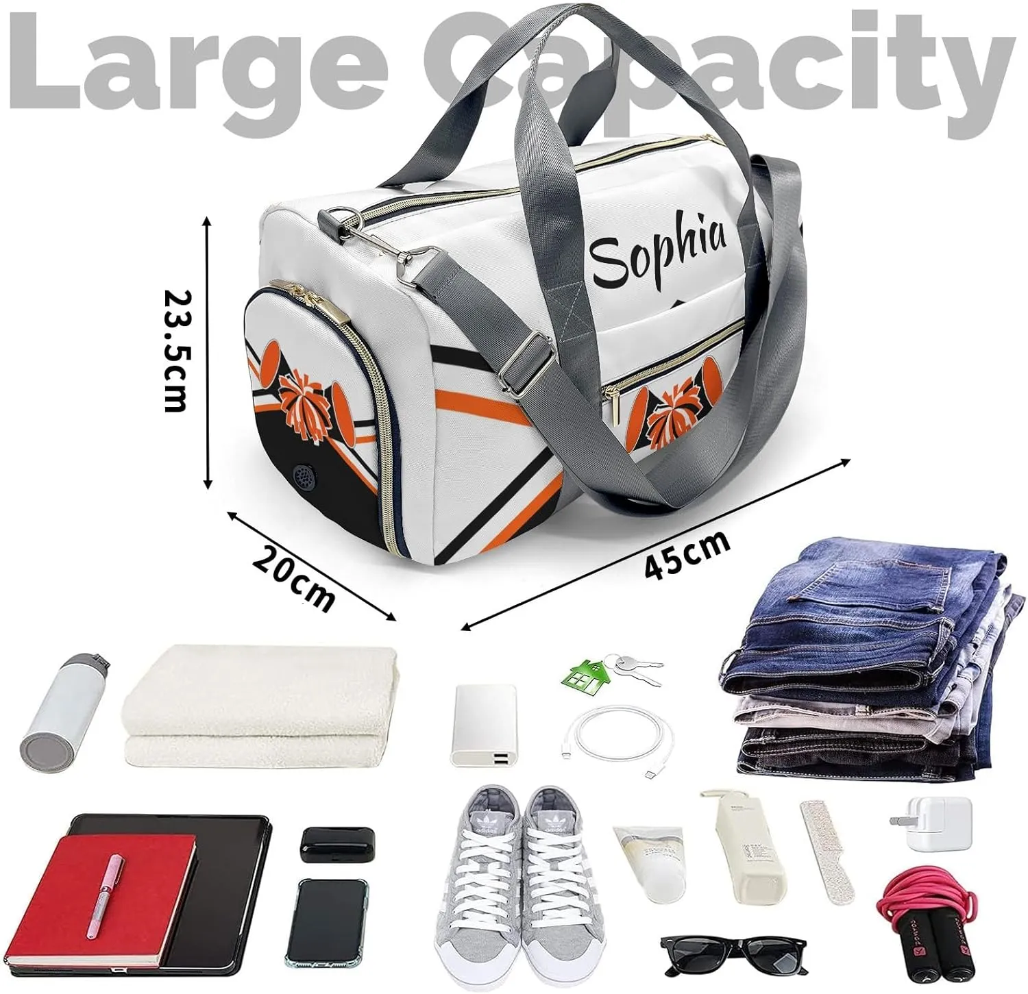 Personalized Cheer Black Orange Duffel Bag Travel Bag with Shoes Compartment Gym Yoga Sport Men Women Waterproof with Name