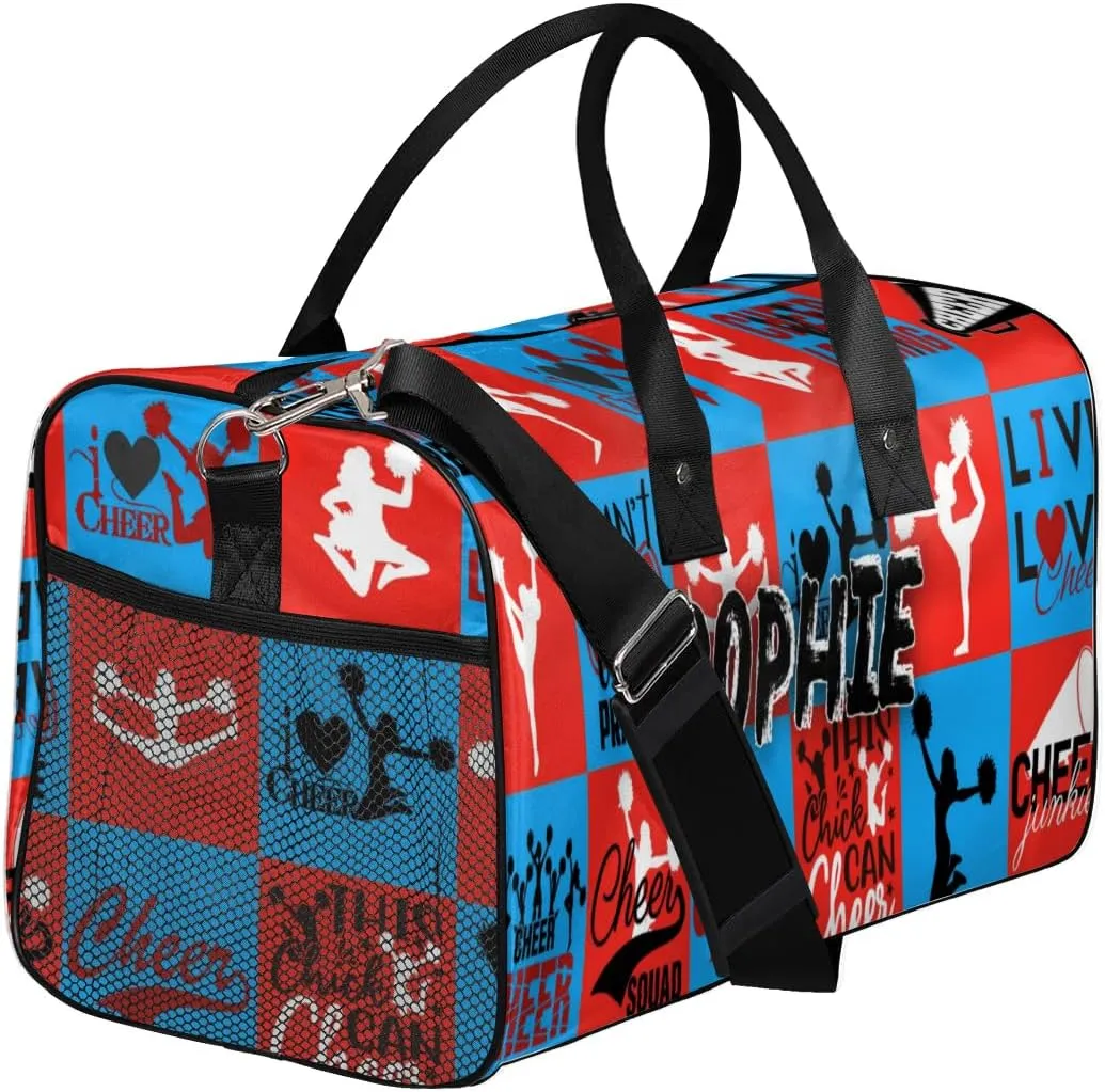 Personalized Cheer Duffel Bag for Cheerleaders, Custom Sports Bag for Women, Custom Cheerleading Travel Overnight Weekender Bag, Blue and Red Buffalo Plaid