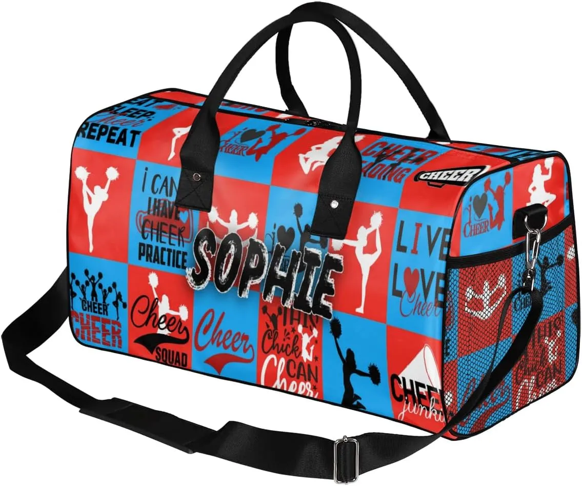 Personalized Cheer Duffel Bag for Cheerleaders, Custom Sports Bag for Women, Custom Cheerleading Travel Overnight Weekender Bag, Blue and Red Buffalo Plaid