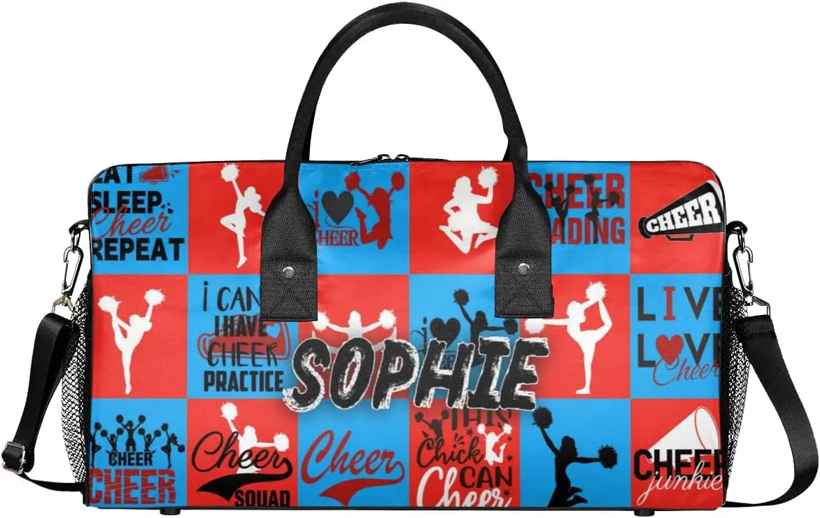 Personalized Cheer Duffel Bag for Cheerleaders, Custom Sports Bag for Women, Custom Cheerleading Travel Overnight Weekender Bag, Blue and Red Buffalo Plaid