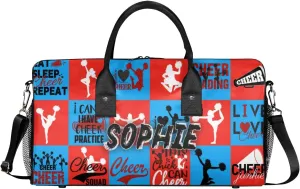 Personalized Cheer Duffel Bag for Cheerleaders, Custom Sports Bag for Women, Custom Cheerleading Travel Overnight Weekender Bag, Blue and Red Buffalo Plaid