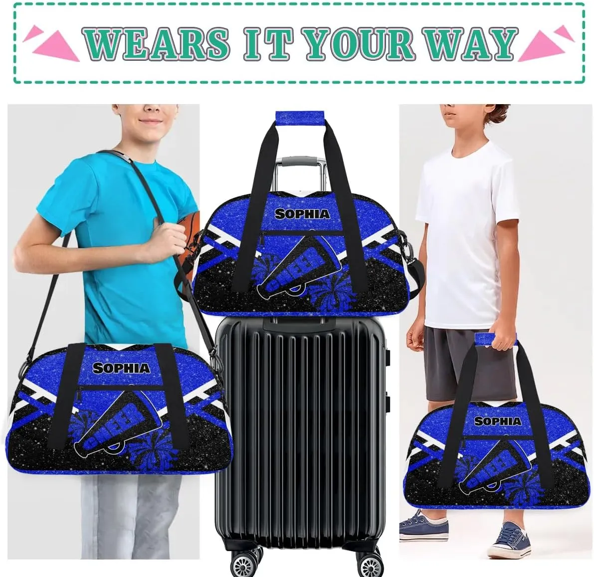 Personalized Cheer Duffle Bag - Customized Travel Overnight Weekender Bag for Cheerleaders - Royal Blue with Glitters Effect