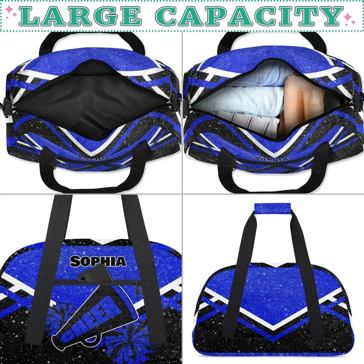 Personalized Cheer Duffle Bag - Customized Travel Overnight Weekender Bag for Cheerleaders - Royal Blue with Glitters Effect