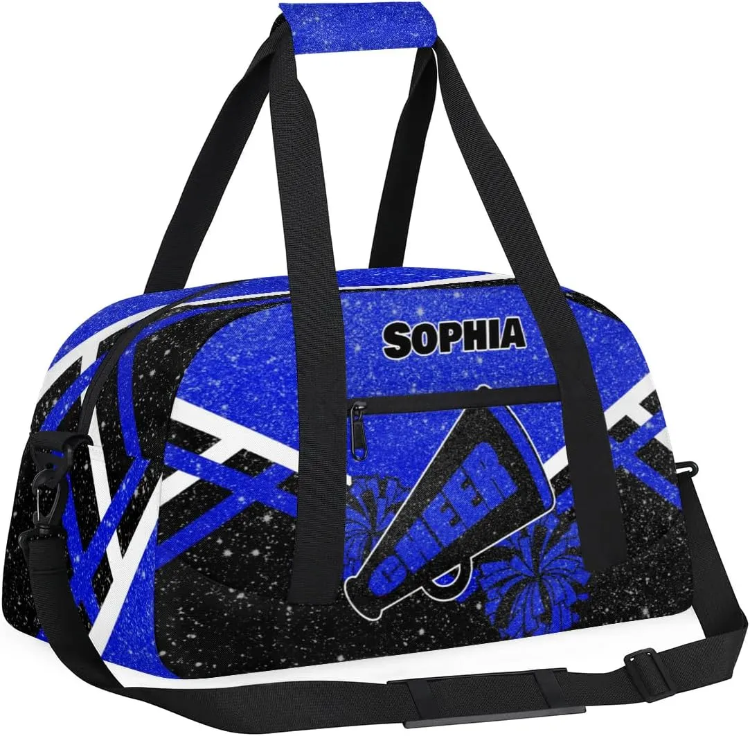 Personalized Cheer Duffle Bag - Customized Travel Overnight Weekender Bag for Cheerleaders - Royal Blue with Glitters Effect