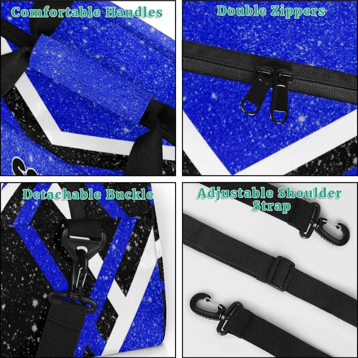 Personalized Cheer Duffle Bag - Customized Travel Overnight Weekender Bag for Cheerleaders - Royal Blue with Glitters Effect