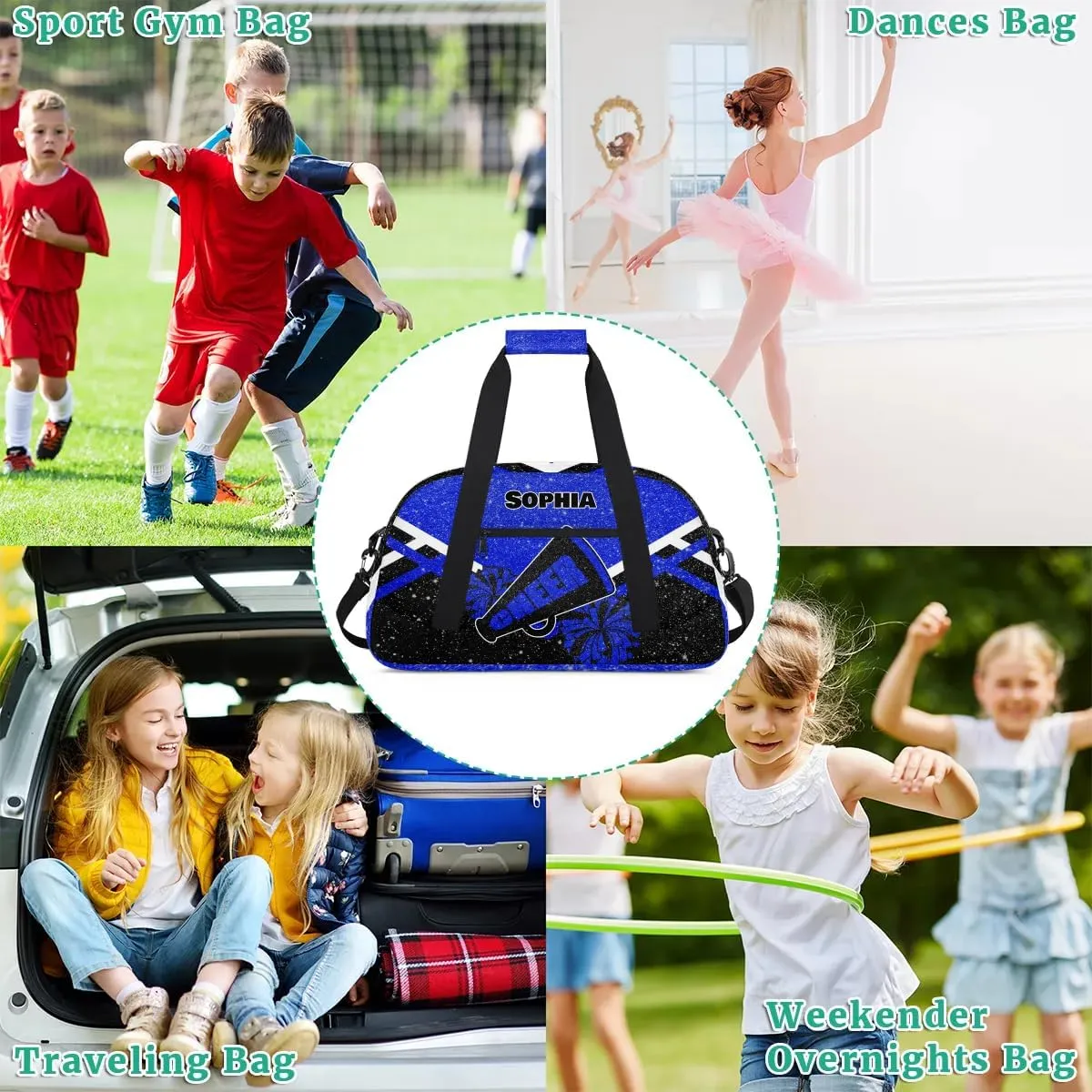 Personalized Cheer Duffle Bag - Customized Travel Overnight Weekender Bag for Cheerleaders - Royal Blue with Glitters Effect