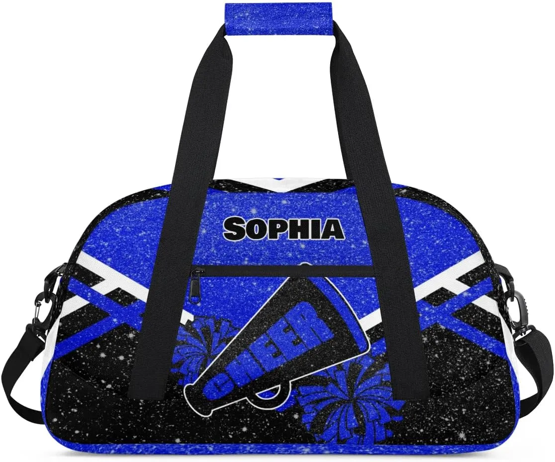 Personalized Cheer Duffle Bag - Customized Travel Overnight Weekender Bag for Cheerleaders - Royal Blue with Glitters Effect