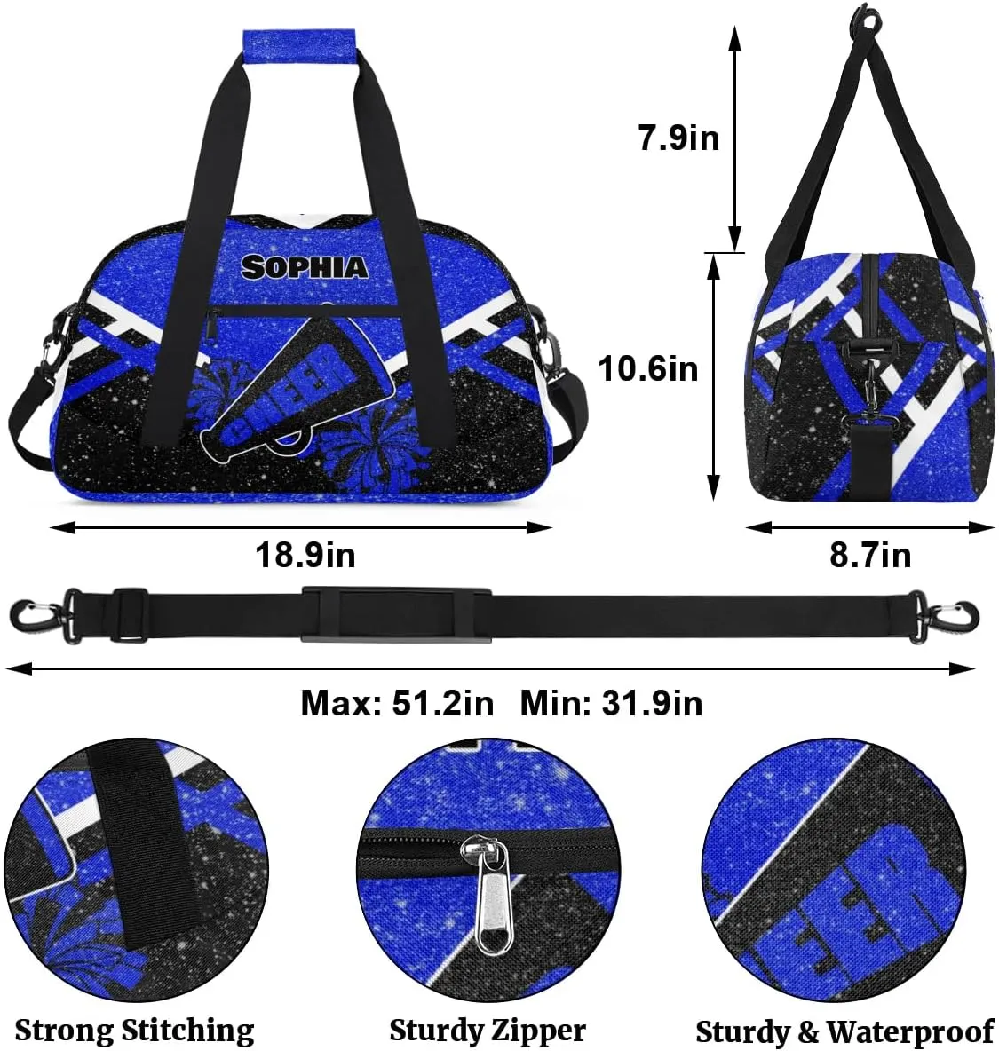 Personalized Cheer Duffle Bag - Customized Travel Overnight Weekender Bag for Cheerleaders - Royal Blue with Glitters Effect