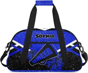 Personalized Cheer Duffle Bag - Customized Travel Overnight Weekender Bag for Cheerleaders - Royal Blue with Glitters Effect