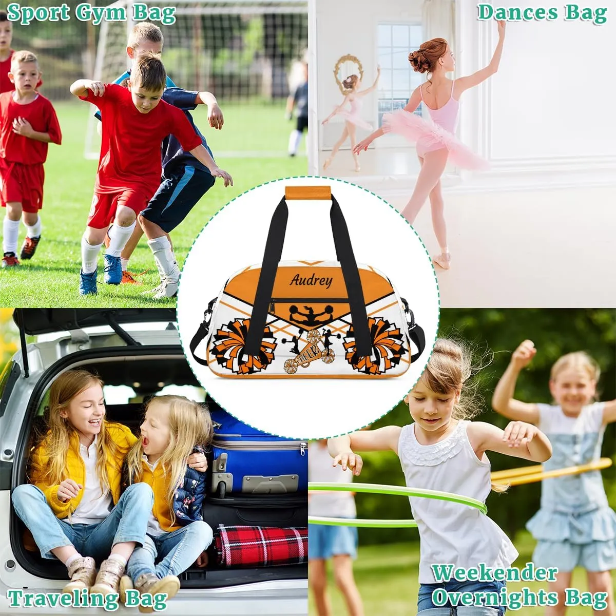 Personalized Cheer Gym Bag for Girls, Cheerleader Sport Duffle Custom Name Travel Weekender Lightweight Bags, Orange and White