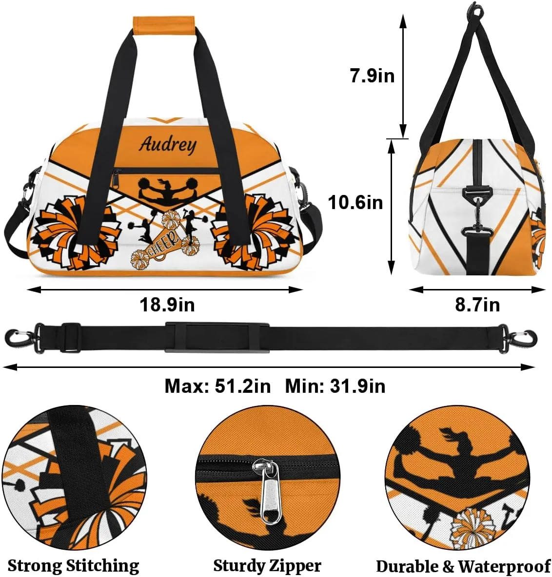 Personalized Cheer Gym Bag for Girls, Cheerleader Sport Duffle Custom Name Travel Weekender Lightweight Bags, Orange and White