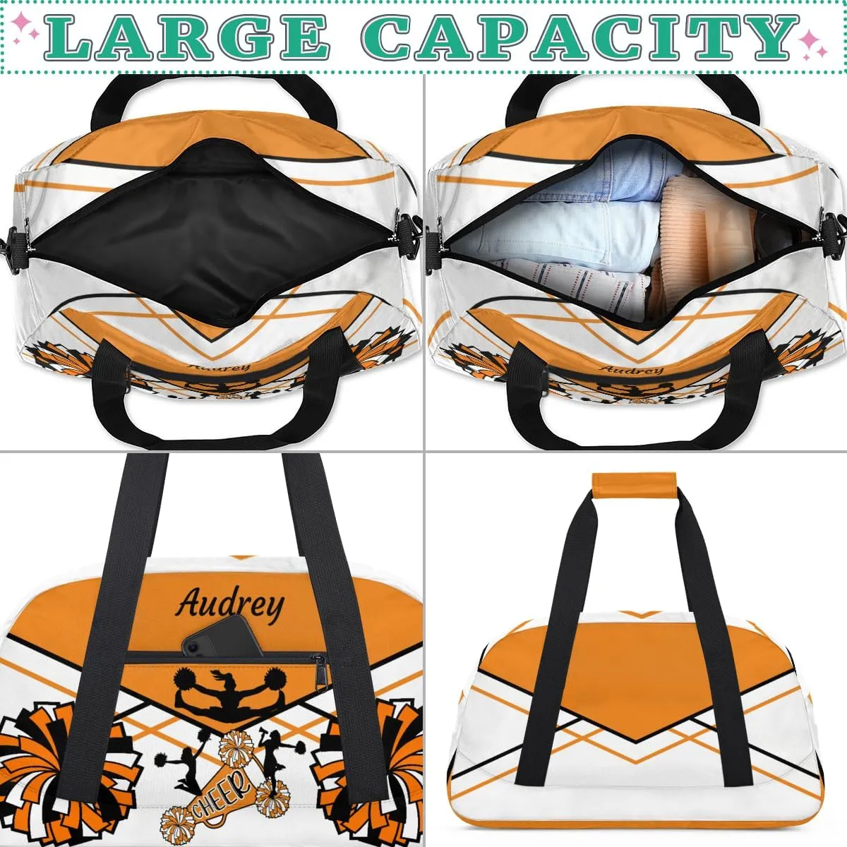Personalized Cheer Gym Bag for Girls, Cheerleader Sport Duffle Custom Name Travel Weekender Lightweight Bags, Orange and White