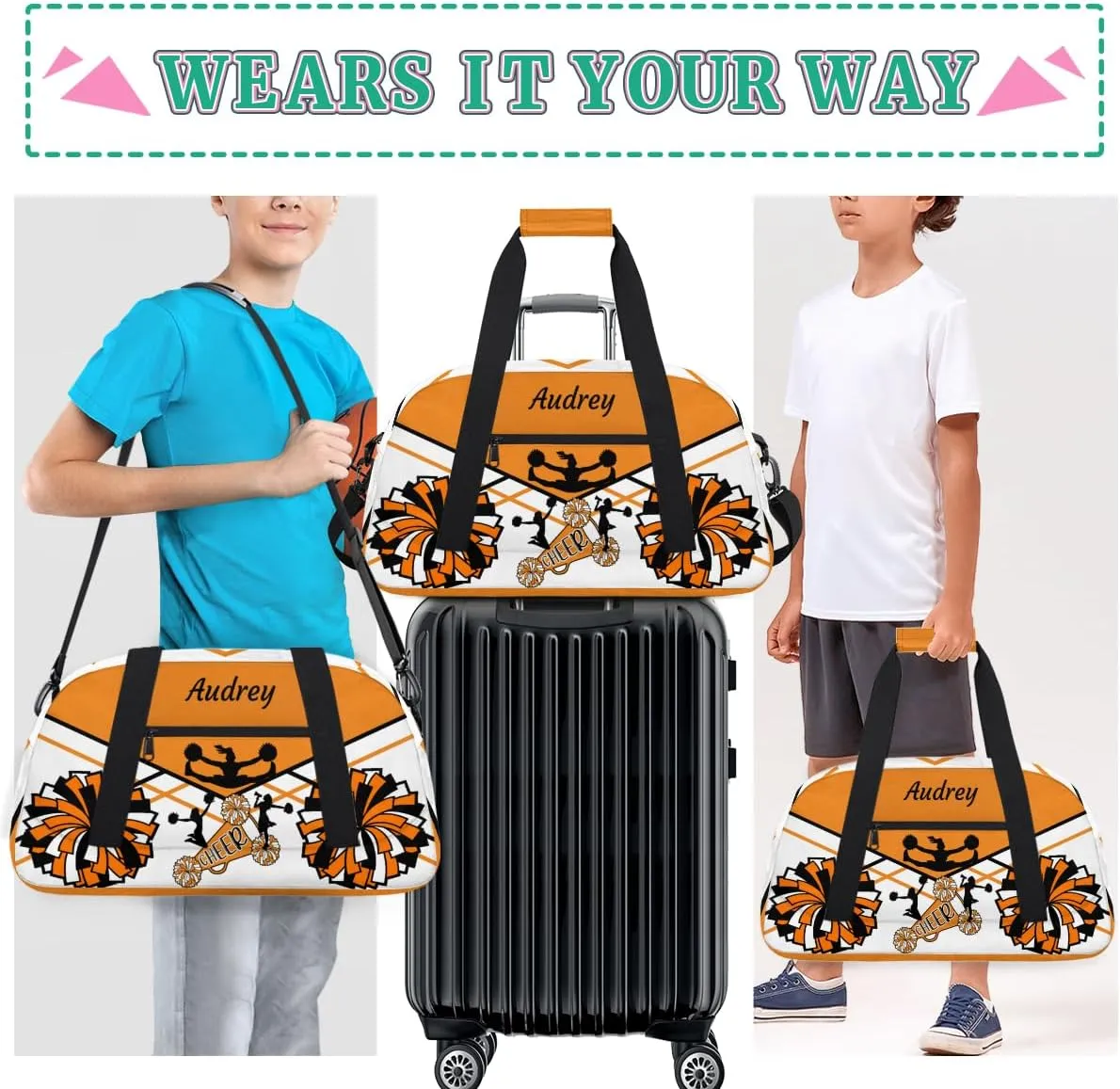 Personalized Cheer Gym Bag for Girls, Cheerleader Sport Duffle Custom Name Travel Weekender Lightweight Bags, Orange and White