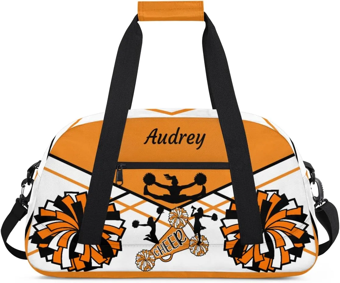 Personalized Cheer Gym Bag for Girls, Cheerleader Sport Duffle Custom Name Travel Weekender Lightweight Bags, Orange and White