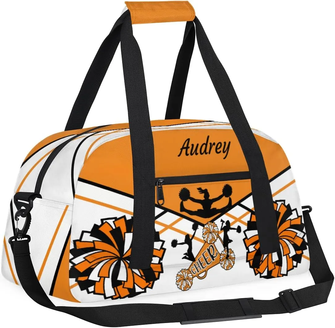 Personalized Cheer Gym Bag for Girls, Cheerleader Sport Duffle Custom Name Travel Weekender Lightweight Bags, Orange and White