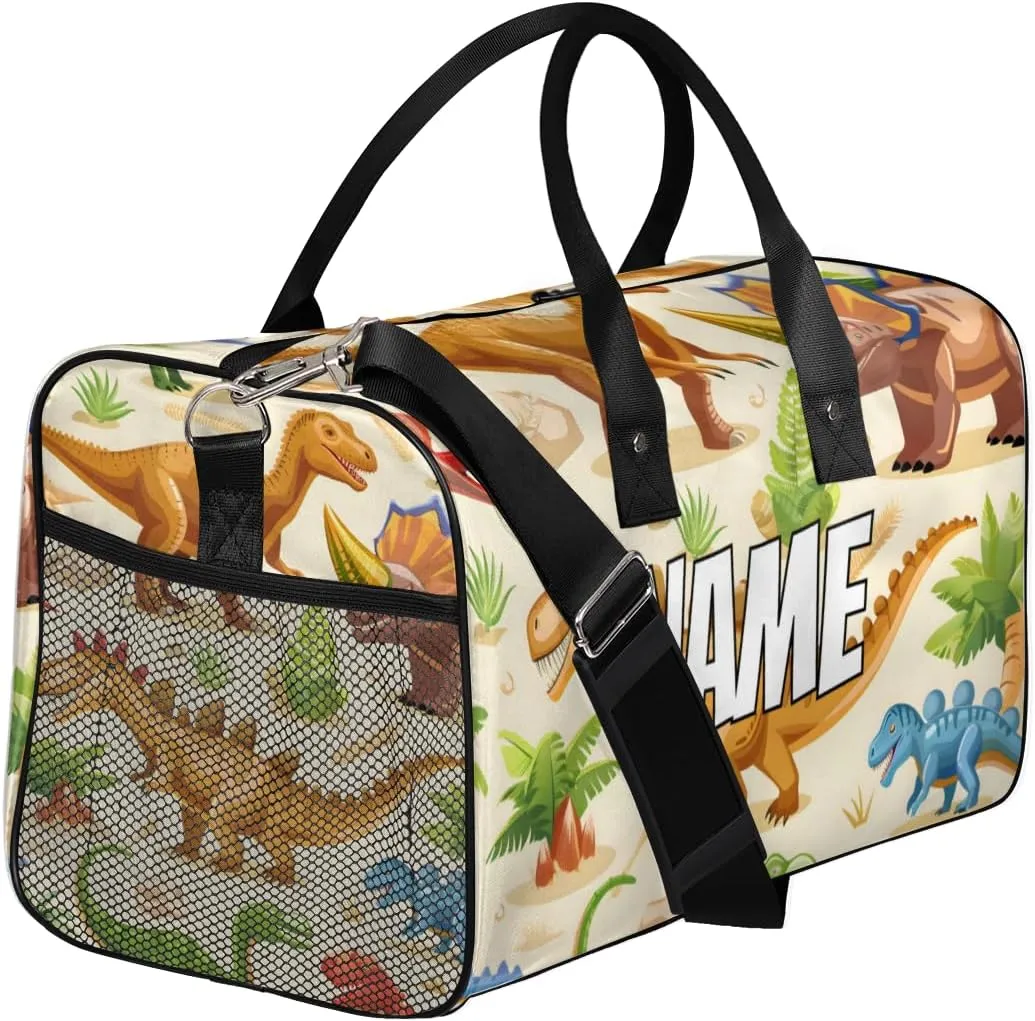 Personalized Colorful Dino Travel Duffel Bag with Name, Custom Gym Sport Bag Tropical Dinosaurs Carry On Weekend Overnight Duffel Bag for Men Women