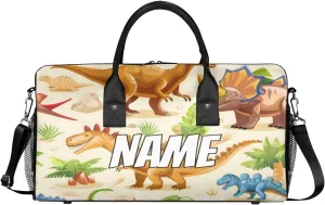 Personalized Colorful Dino Travel Duffel Bag with Name, Custom Gym Sport Bag Tropical Dinosaurs Carry On Weekend Overnight Duffel Bag for Men Women