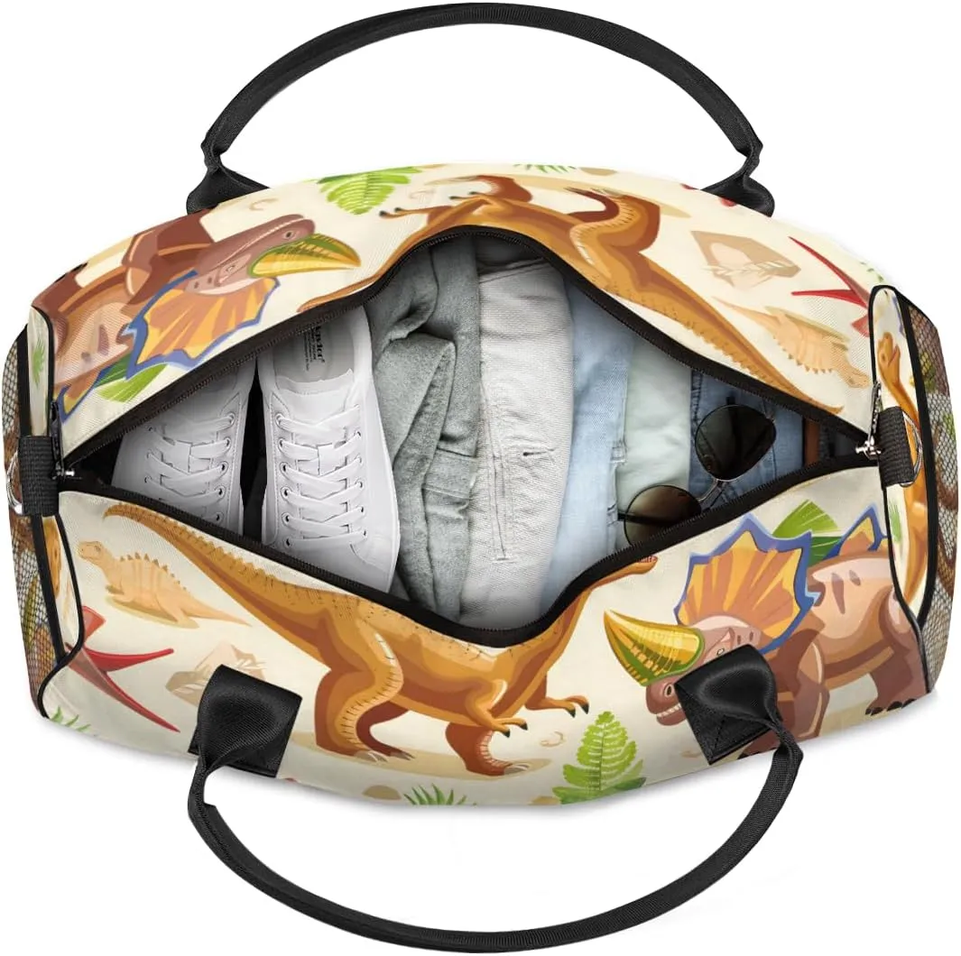 Personalized Colorful Dino Travel Duffel Bag with Name, Custom Gym Sport Bag Tropical Dinosaurs Carry On Weekend Overnight Duffel Bag for Men Women