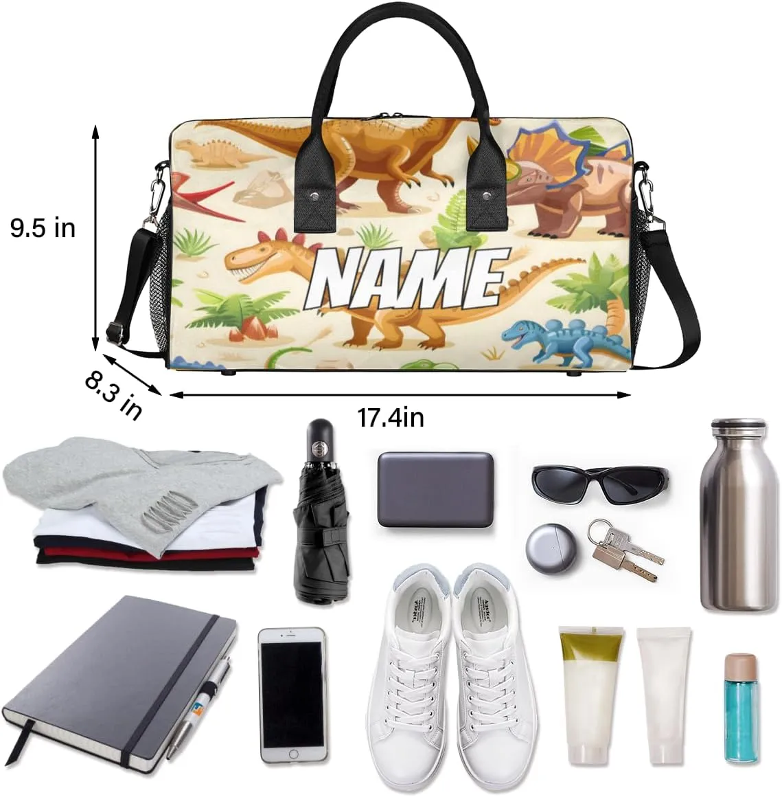 Personalized Colorful Dino Travel Duffel Bag with Name, Custom Gym Sport Bag Tropical Dinosaurs Carry On Weekend Overnight Duffel Bag for Men Women