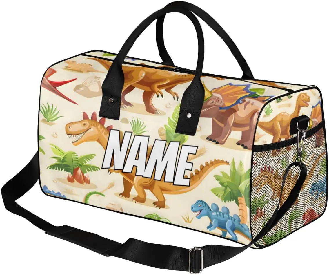 Personalized Colorful Dino Travel Duffel Bag with Name, Custom Gym Sport Bag Tropical Dinosaurs Carry On Weekend Overnight Duffel Bag for Men Women