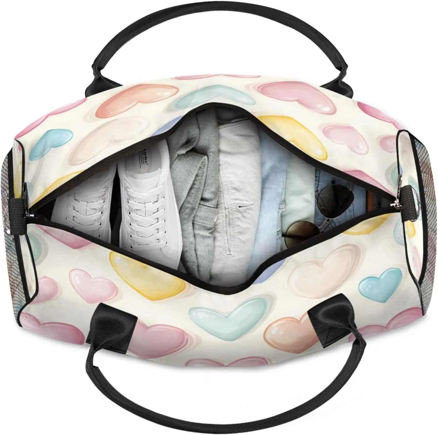 Personalized Colorful Heart Travel Duffel Bag with Name, Custom Gym Sport Bag Rainbow Romantic Carry On Weekend Overnight Duffel Bag for Men Women