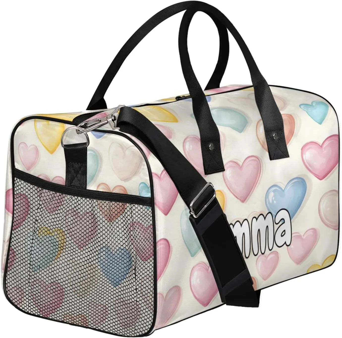 Personalized Colorful Heart Travel Duffel Bag with Name, Custom Gym Sport Bag Rainbow Romantic Carry On Weekend Overnight Duffel Bag for Men Women