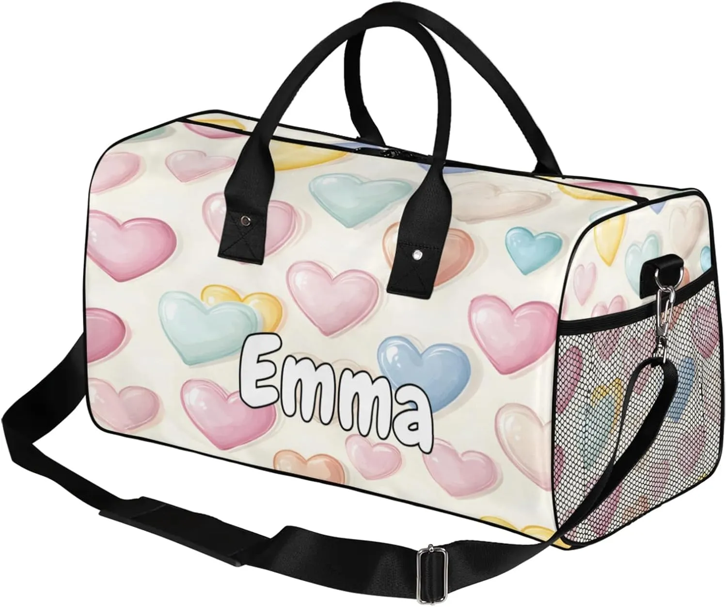 Personalized Colorful Heart Travel Duffel Bag with Name, Custom Gym Sport Bag Rainbow Romantic Carry On Weekend Overnight Duffel Bag for Men Women