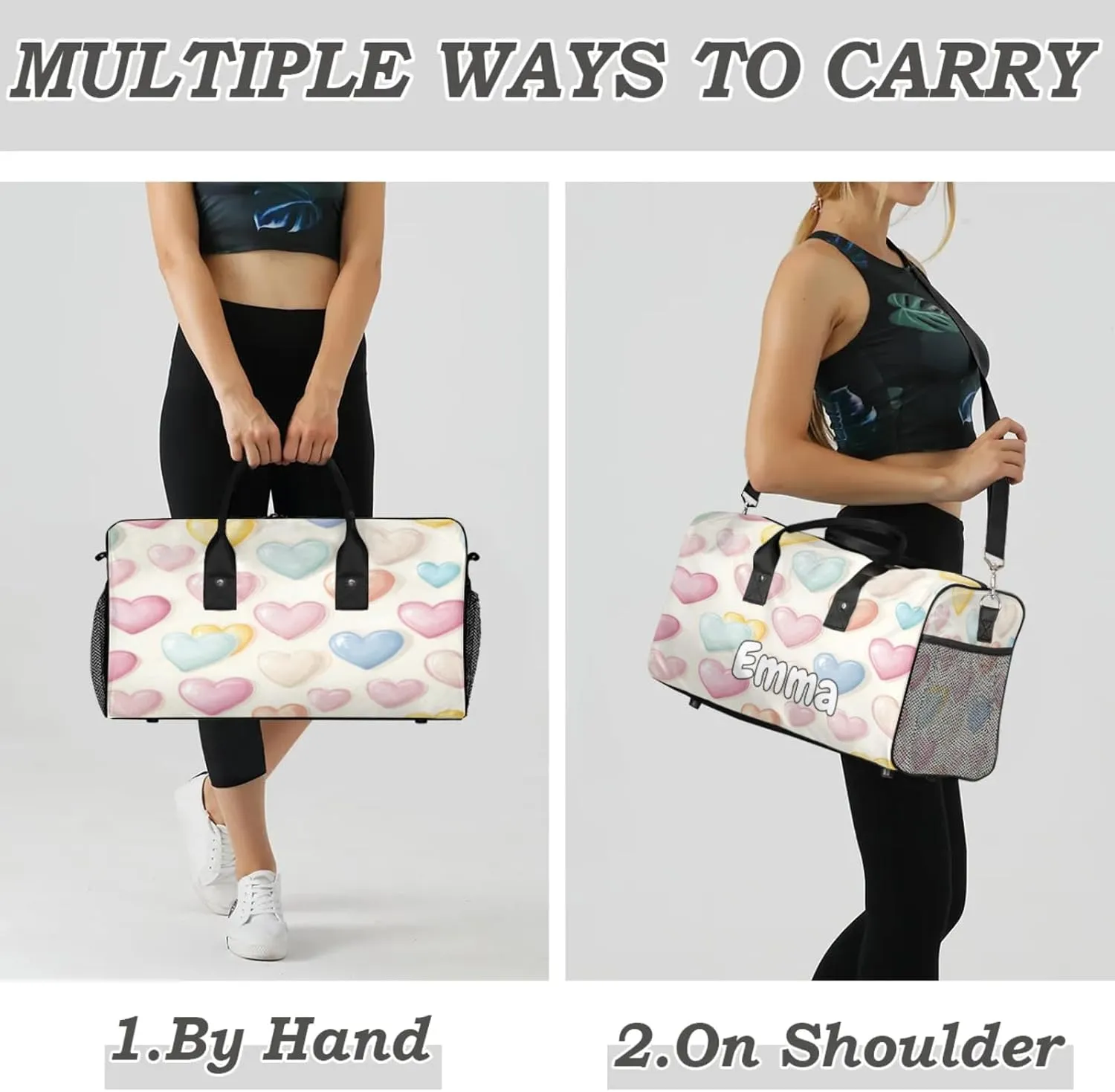 Personalized Colorful Heart Travel Duffel Bag with Name, Custom Gym Sport Bag Rainbow Romantic Carry On Weekend Overnight Duffel Bag for Men Women