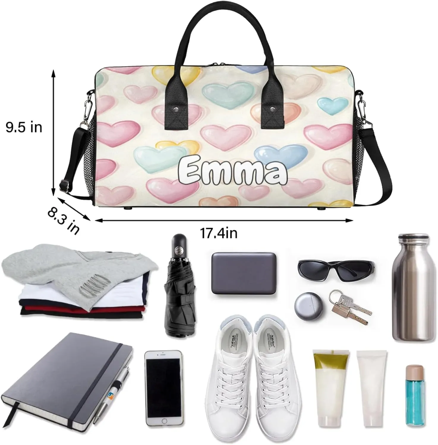 Personalized Colorful Heart Travel Duffel Bag with Name, Custom Gym Sport Bag Rainbow Romantic Carry On Weekend Overnight Duffel Bag for Men Women