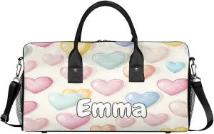 Personalized Colorful Heart Travel Duffel Bag with Name, Custom Gym Sport Bag Rainbow Romantic Carry On Weekend Overnight Duffel Bag for Men Women